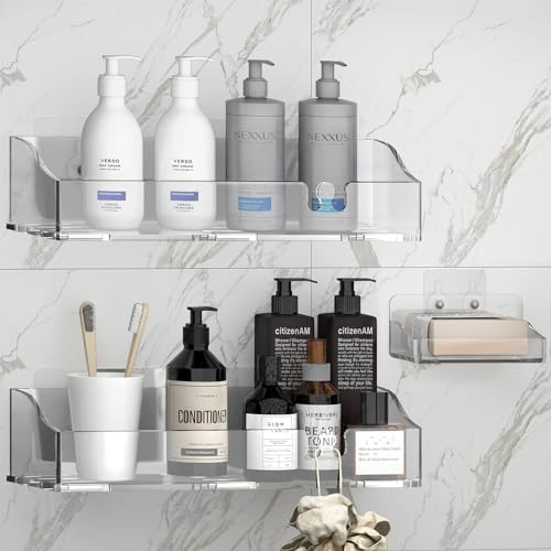 Clear Acrylic Shower Shelves, Adhesive Bathroom Caddy Organizer, 3-Pack