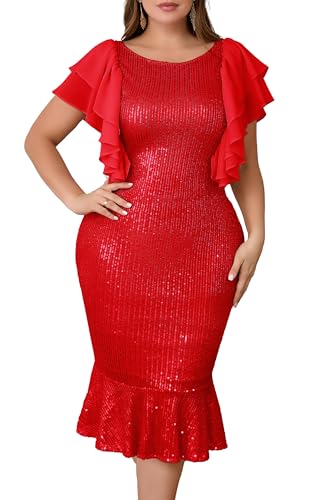 Image of VERWIN Plus Size Sequins Dress Ruffle Sleeve Midi Dress Bodycon Mermaid Hem Dress Sparkly Round Neck Prom Dress