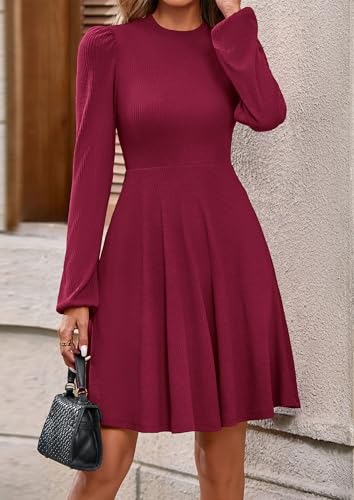 Image of PRETTYGARDEN Womens Long Sleeve Mini Dress 2026 Fall Trendy Crewneck Ribbed Knit Soft A Line Flowy Summer Formal Dresses