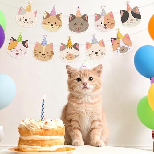 Image of Hooqict Happy Birthday Banner Cat Birthday Decorations Party Banner Garland Sign for Girls Kids 1st 2nd 3rd Funny Cat Themed Birthday Party Decorations Supplies