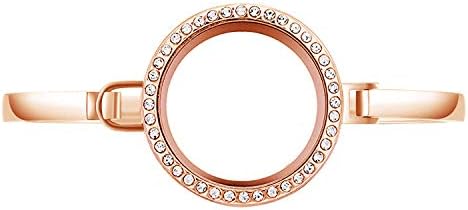 BG247 Stainless Steel 30mm Glass Floating Memory Living Locket Bangle Bracelet (Rose Gold Rhinestone Circle, 8)