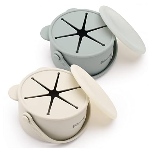 Dilovely Snack Cups for Toddlers, Silicone Snacks Containers, Baby Food Catcher Spill Proof, Kid Snacks Holder with DustProof Lid, 2 Pack Dishwasher Safe and BPA Free 9 Oz