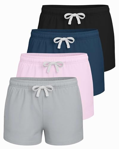 Image of Real Essentials 4 Pack: Girls French Terry Lounge Shorts - Ultra Soft Pull-On Gym, Camp, Sports & Everyday Shorts