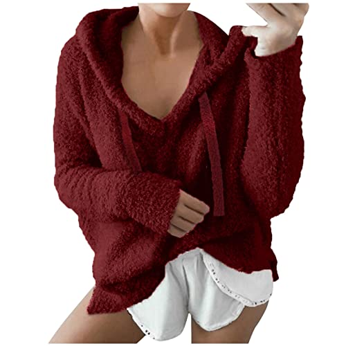 Sudadera de felpa para mujer, lisa, moderna, holgada, de manga larga, sudadera básica con capucha para uso diario, color vino, Vino, XL