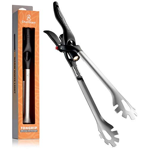 ChefGiant BBQ Grill Tongs with LED Flashlight Tongrip Cooking Tool Outdoor Barbecue Cooking Utensil Sturdy Durable Stainless Steel Ideal Gift Idea