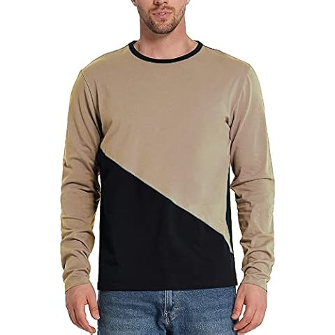 CUNYI Mens Long Sleeve Shirts Slim Fit T-Shirt Cotton Tee Contrast Color Stitching Top, Beige, Large Cover