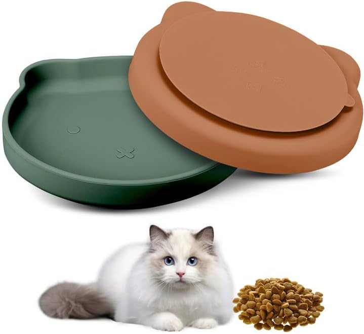 2 Pack Cat Bowls, Non Slip Silicone Cat Food Dish Feeding Drinking Bowl Shallow Pet Bowl for Dry Food and Wet Food Feeders Station for Puppy Small Dog Kitten Food Bowl(Green&Brick-red)
