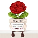 Giftasy Ich Liebe Dich Geschenke Für Frauen - Handgemachte Gehäkelte Rote Rose Mit Energiekarte, Geschenke zum Jahrestag, Hochzeitstag, Valentinstag Für Partner, Sie, Freundin, Freund