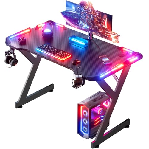 HLDIRECT 40 INCH Gaming Desk with LED Lights, Home Office Gamer Desk, Ergonomic Computer Table with...