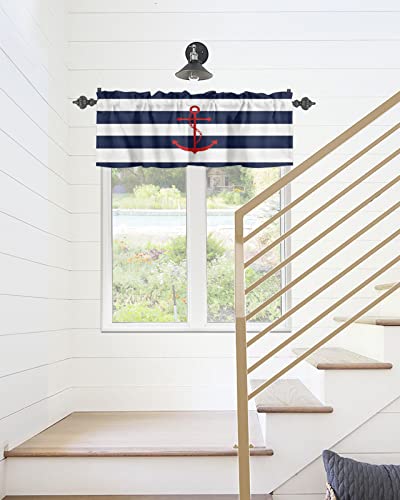 Chucoco Nautical Valance Curtain For Window, Red Anchor Rod Pocket Kitchen Valances Navy Blue White Stripe Short Curtain Panel Windows Treatment Drapes For Bathroom/Bedroom/Living Room #TOP5