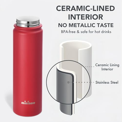 Image of Mininoo 24 oz Insulated Ceramic-Lined Water Bottle with Straw, Red
