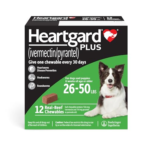HEARTGARD® Plus (ivermectin/pyrantel) Real-Beef Chewables for Dogs 26-50 lbs (Green Box) 12 Month Supply of Chews (Heartworm Disease Preventive)
