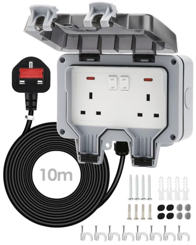 Zenmos Double Outdoor Socket 10M Extension Lead Outdoor Plug Sockets Waterproof IP66 13Amp 2 Gang Outside Plug Socket Waterproof Switch Indicator Light Garden Wall Electrical Outlet Cover Box