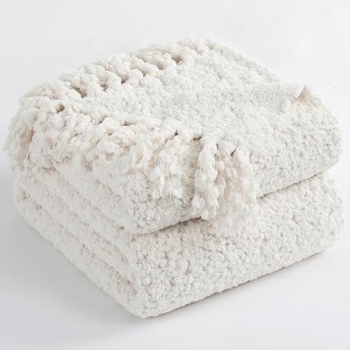 LONG CREATE Manta para sofá, manta de punto de lujo blanca de 50 x 60 pulgadas, manta de punto texturizado con flecos hechos a mano para decoración de cama, sofá, decoración bohemia gruesa y suave