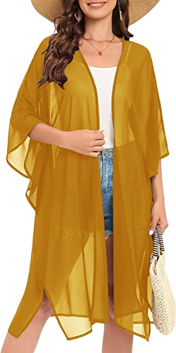 Image of Indian Trendy Women's Solid Puff Sleeve Kimono Long Cardigan Loose Cover Up Casual Blouse Top Chiffon