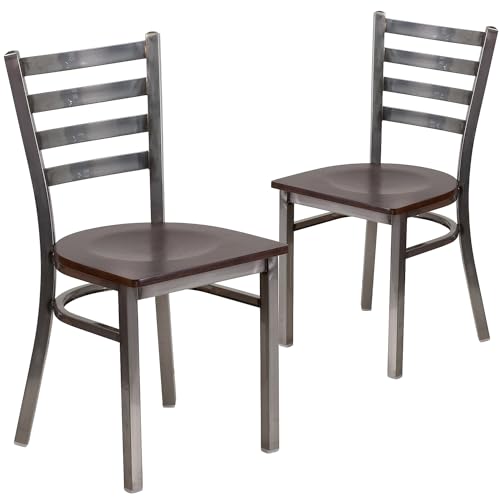 Image of Flash Furniture HERCULES Series Clear Coated Ladder Back Metal Restaurant Chair - Walnut Wood Seat