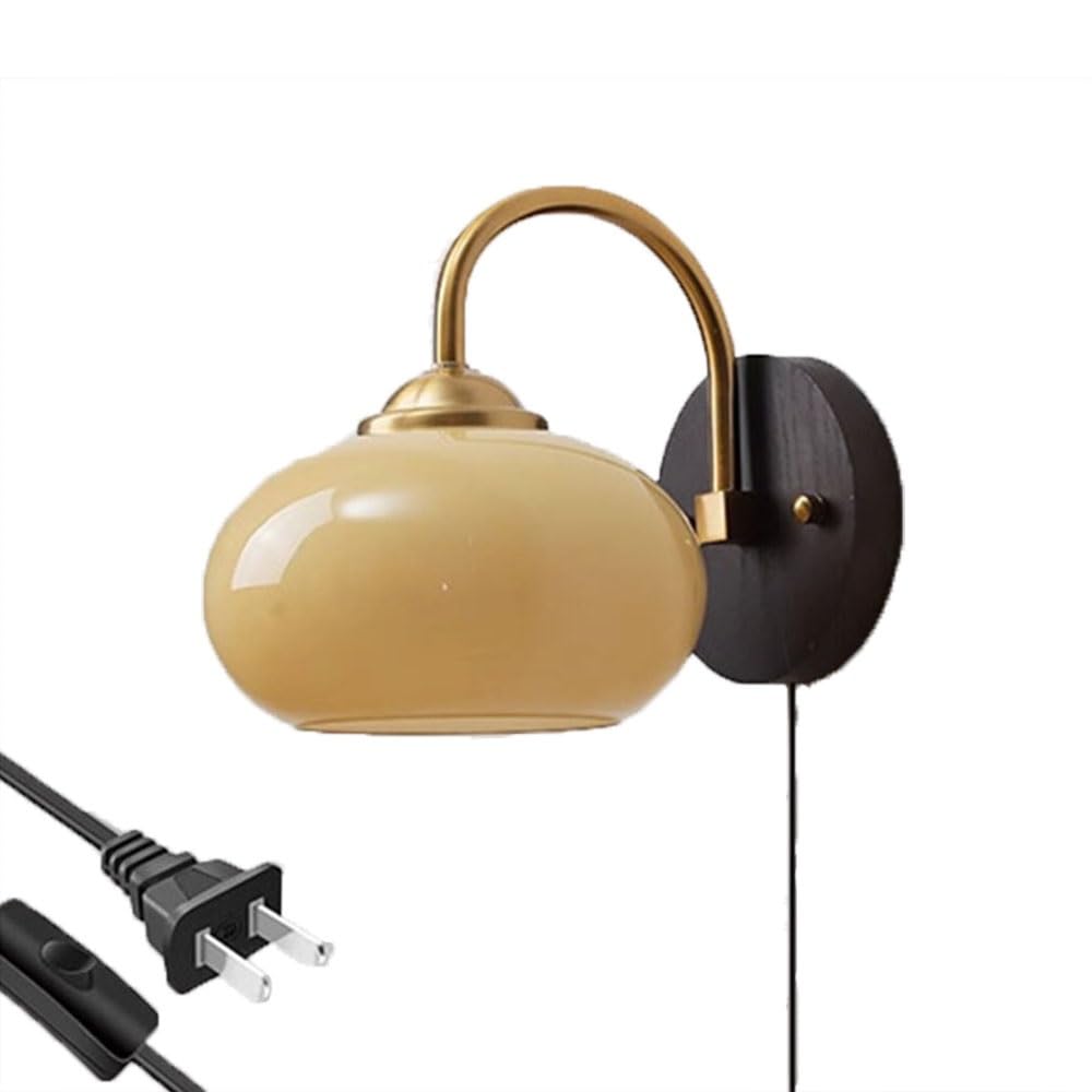 FEITENGDA Vintage Dome Cream Glass Wall Sconce Mid Century Gold Metal Lamp Arm Wall Lamp Wood Farmhouse Wall Mount Light with Switch for Bedside Living Room Hallway