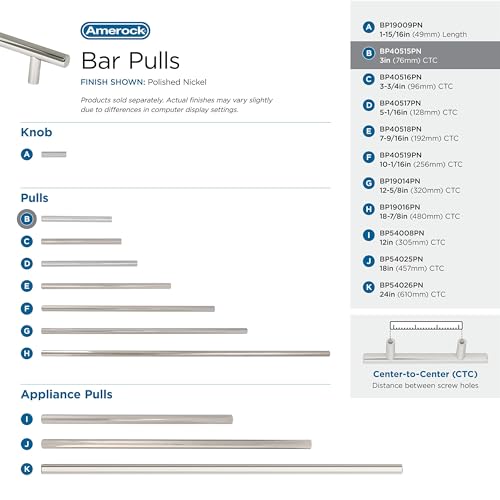 Image of Amerock 10 Pack 3 inch Bar Pulls Polished Nickel Drawer Pull | 3 inch (76mm) Center-to-Center Mounting Distance and 5-3 /8 inches Overall Length, Durable Carbon Steel Cabinet Hardware