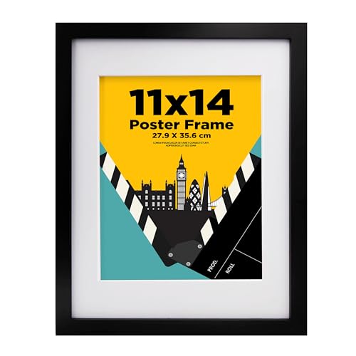 EGOFINE 14x11 Picture Frame 100% Solid Wood Frames with 10x8 Mat 14x11 Photo Frames with Plexiglass 35.6x27.9cm Poster Frame for Tabletop and Wall Mounting Black