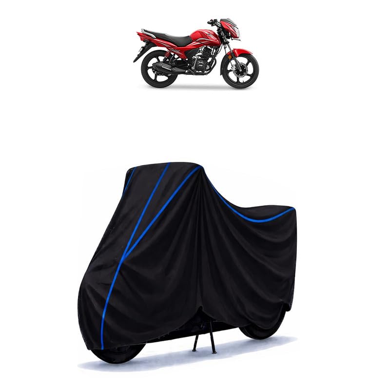 Image of TVS Victor Bike Cover Water Resistant Universal Motorcycle Rain | Heavy Duty UV Protection, Dust, Scratch Indoor Outdoor All Weather with Black Blue Piping Elastic
