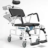 Vive Reclining Shower Chair with Wheels - Commode Wheelchair for Seniors, Disabled, Bariatric & Handicap - Padded Transfer Rolling Chairs with Arms - Portable & Waterproof - Extra Wide Seat