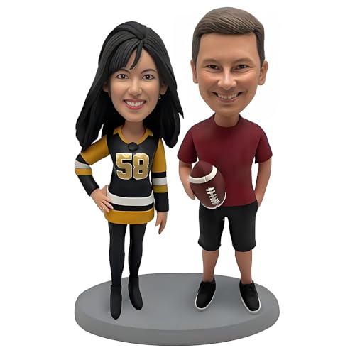 MEJELE Custom Sports Couple Bobblehead, Hockey Jersey and Football Fan Design, Personalized Gift Figurine, Desk Decoration Based on Your Photo