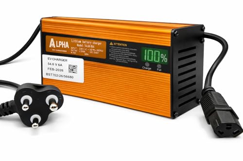 Image of Alpha 54.6V 6A, 48V Lithium-ion Battery Charger | 06+10 Months Warranty | Auto Cut Off Charger| Japanese Technology| Intelligent LED Display | for 48V Lithium-Ion Battery | Extra Long Cable 3+1Meter