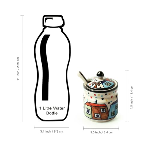 Image of ExclusiveLane 'Hut Handpainted' Ceramic Pickle Jars for Dining Table with Spoon & Wooden Holder (Set of 3, 280 ML)|Ceramic Jars for Kitchen Storage Pickle Holder Pickle Jars for Storage Aachar Jar Set
