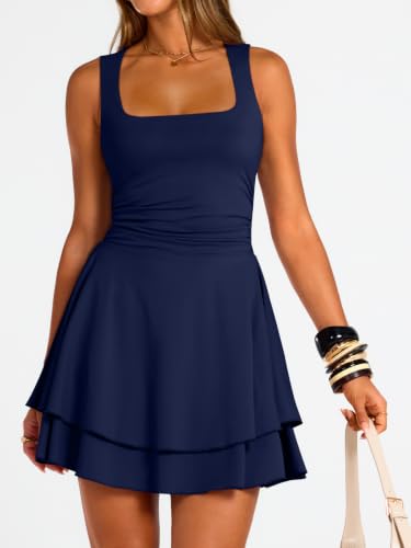 Image of Trendy Queen Women's Square Neck Summer Party Flowy Ruffle Hem Ruched Waist Mini Dress