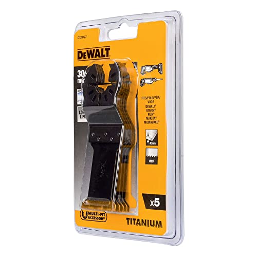 Dewalt 5er-Pack Titan Metall-Sägeblatt DT20727 (passend für Dewalt Multi Tool DWE315, DCS355 u. gängige oszillierende Werkzeuge, 43x30 mm, zum Einsatz in Holz, Metall, Holz mit. Nägeln, Kunststoff)