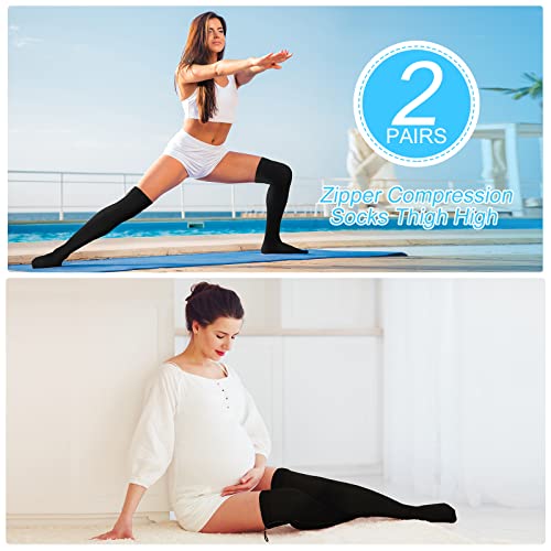 2 Pairs Zipper Compression Socks Thigh High 20-30 Mmhg Compression Socks With Zipper Closed Toe Thigh High Compression Stockings For Women Men Swelling (Black, 3X-Large) #TOP2