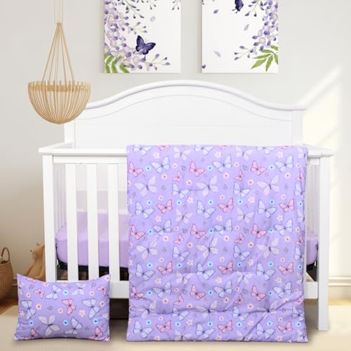 Image of JISEN 3 Piece Crib Bedding Set Soft Baby Crib Bedding Set Butterfly Crib Comforter Set - Comforter Sheet Pillowcase Nursery Bedding Sets for Baby Girls or Boys Purple