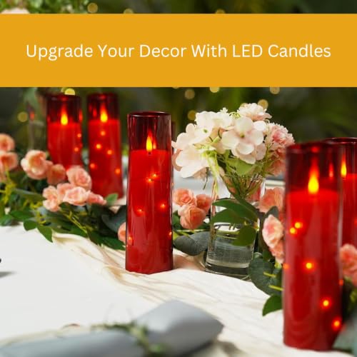 Image of LTETTES Acrylic Fiber Glass Led Candles Set of 12 | Embedded Star String Lights | Flickring Wick | 2 AA Battrey Operated with Remote | Home Decor & Festival | H 5.5'', 6.5'', 7.5'' x D 2.3'' | Red