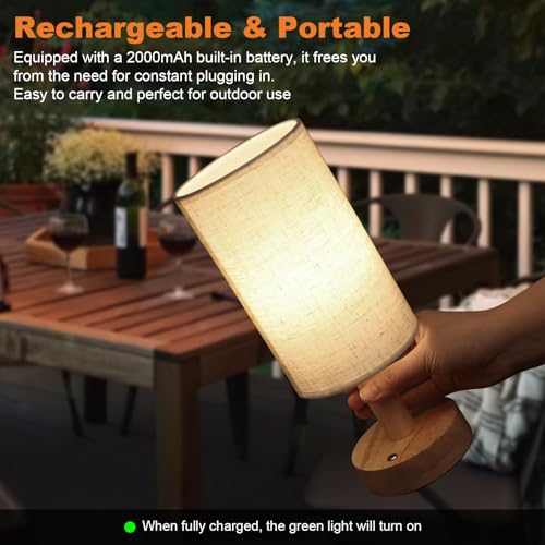 Image of Rechargeable Cordless Touch Table Lamp with Stepless Dimming,Natural Wood Base&Linen Shade,Small Battery Wireless Ambient Night Light for Bedroom,Bedside,Nightstand,Nursery,Kitchen,Camping,Outdoor