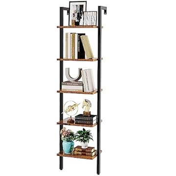 YMYNY Libreria, Scaffale a Scala, Contro Parete a 5 Ripiani, Scaffali Aperti per Casaper, Soggiorno, Ufficio, Cucina, Camera da Letto, 40 x 30 x 178CM, Industriale, Marrone Vintage HBC015H