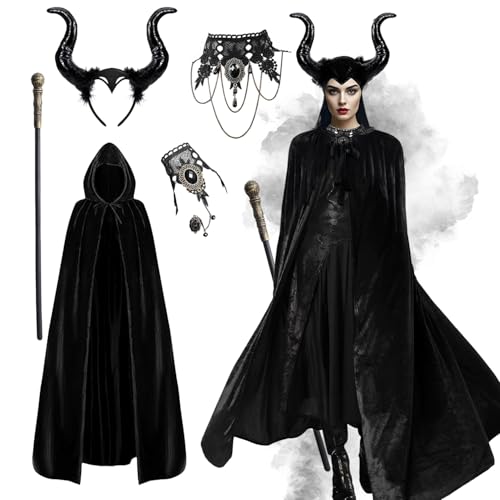 LXWINNER Disfraz Malefica Mujer, Halloween Capa Negra Mujer, Halloween Cuernos de Demonio, Collar Pulsera de Encaje Gótico para Carnaval Fiesta Cosplay Accesorio Disfraces Adulto
