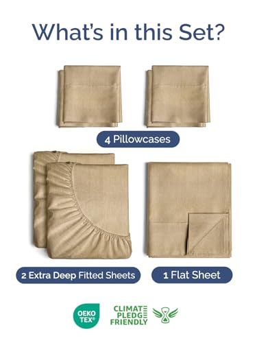 Image of Extra Deep Split King Sheet Set - 7 Piece Cooling Sheets - Heathered Tan | Hotel Luxury Bed Sheets Set, Easy & Secure Fit, Ultra-Soft, Wrinkle & Fade Free, Comfy Sheets Set with Extra Deep Pockets
