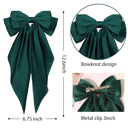 Lazos para el cabello para mujeres, lazo verde de raso sedoso con cola larga extragrande, grandes lazos para el cabello, pinzas metálicas para el cabello, accesorios para el cabello para niñas para fiestas (Verde) miniatura 3