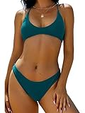 ZAFUL Women's Tie Back Padded High Cut Bralette Bikini Set Two Piece Swimsuit (1-Peacock Blue, M)