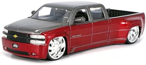 Jada Toys 1999 Chevy Silverado Dually Custom Wheels – Two Tone Red with Grey – Just Trucks – Hobby Exclusive 1:24 Scale 35590, Red/Gray image 2