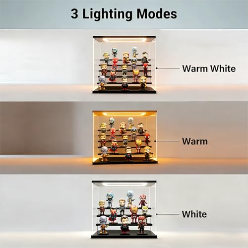 Image of Clear Acrylic Display Case with LED Light, 2 Tier Dustproof Showcase for Collectibles, Figures & Model Cars, Stackable Display Box (Black, 12x4x8in)
