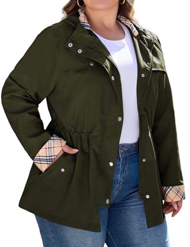 Bloggerlove Rain Coats For Women Active Rain Jackets Waterproof With Hood Outdoor Windbreaker Plus Size Raincoats For Adults Women Army Green 2XL