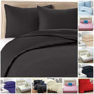 Highliving Luxury Parcale Plain Dyed Duvet Cover & Pillow Case Bed Set (King Duvet Cover + 2 Pillows, Black)