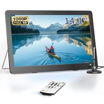 Desobry TV portátil pequena de 14,1 polegadas com antena, mini TV operada por bateria recarregável 1080p para quarto, acampamento, cozinha, monitor LCD compatível com HDMI, USB, AV, sintonizador