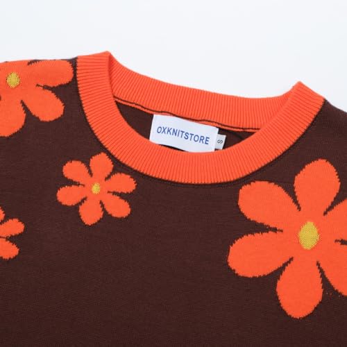 OXKnit Women's Short Sleeve Red Flowers Knitted Vintage T-Shirt, 1960s Mod Style Casual Cotton Knitted Retro T-Shirts3