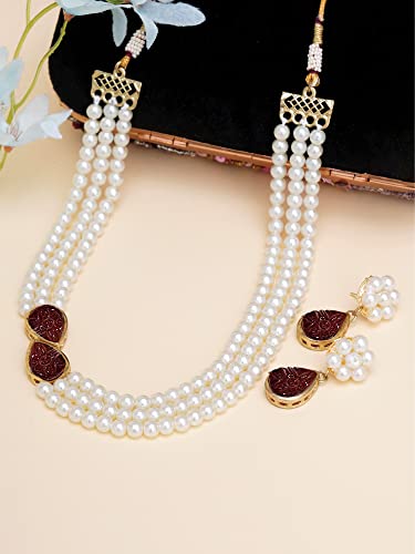 Image of Karatcart Pink Stone Studded Pearl Kundan Necklace Set for Women
