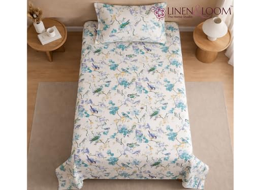 Image of Linen & Loom The Natural Collection - 100% Pure Cotton Single Bedsheet (60 x 90 Inches) with 1 Pillow Cover | 240 TC - Soft & Breathable Cotton Bed Sheet for Bedroom (Azure Song)