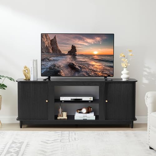 Image of TV Stand, Fluted Media Console Table with Storage and Sliding Door, Farmhouse Entertainment Center for Living Room, Home Office (Black-No Fireplace)