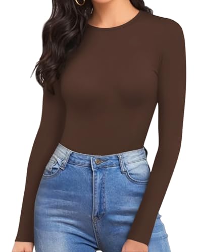 Image of MANGOPOP Womens Bodysuit Long Sleeve Crew Neck Body suit for Women Ribbed Bodysuits Shirts