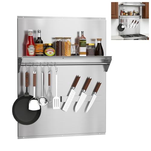 Vlaeng 24x30 Stainless Steel Range Backsplash Stove Backsplash With Storage Shelf & Magnetic Knife Rack Stainless Steel Backsplash For Stove Range Hood Wall Shield With Pre-Drilled Holes